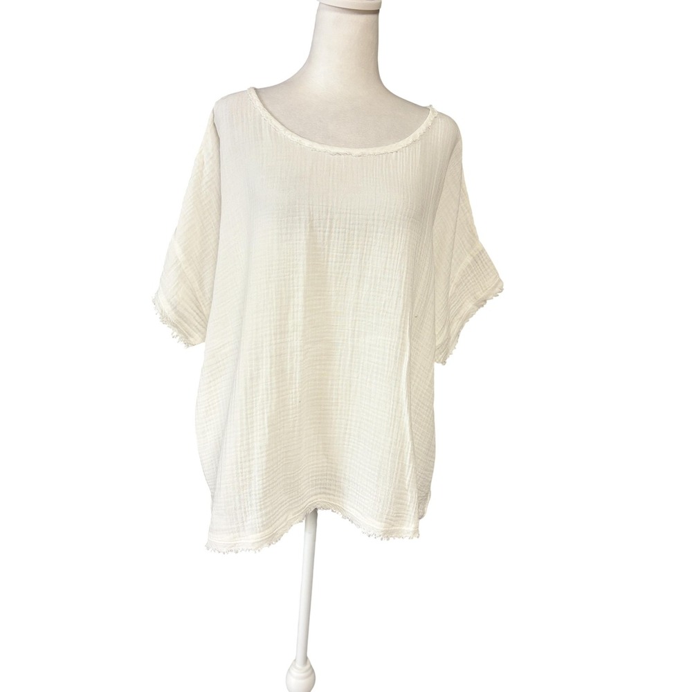 Eileen Fisher Blouse Womens 1X Plus White Organic Cotton Fringe Hem Top